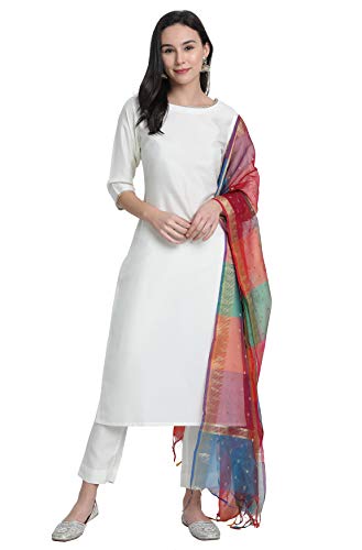 Janasya Indian Women's Off-White Poly Silk Kurta With Pant And Dupatta(SET268-KR-NP-L)