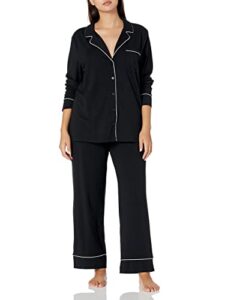 amazon essentials women's cotton modal long-sleeve shirt and full-length bottom pajama set (available in plus size), black, xx-large