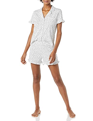 Amazon Essentials Women's Cotton Modal Piped Notch Collar Pajama Set (Available in Plus Size), White Dots Print, Small