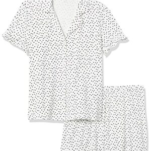 Amazon Essentials Women's Cotton Modal Piped Notch Collar Pajama Set (Available in Plus Size), White Dots Print, Small