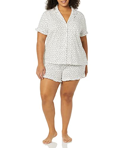 Amazon Essentials Women's Cotton Modal Piped Notch Collar Pajama Set (Available in Plus Size), White Dots Print, Small