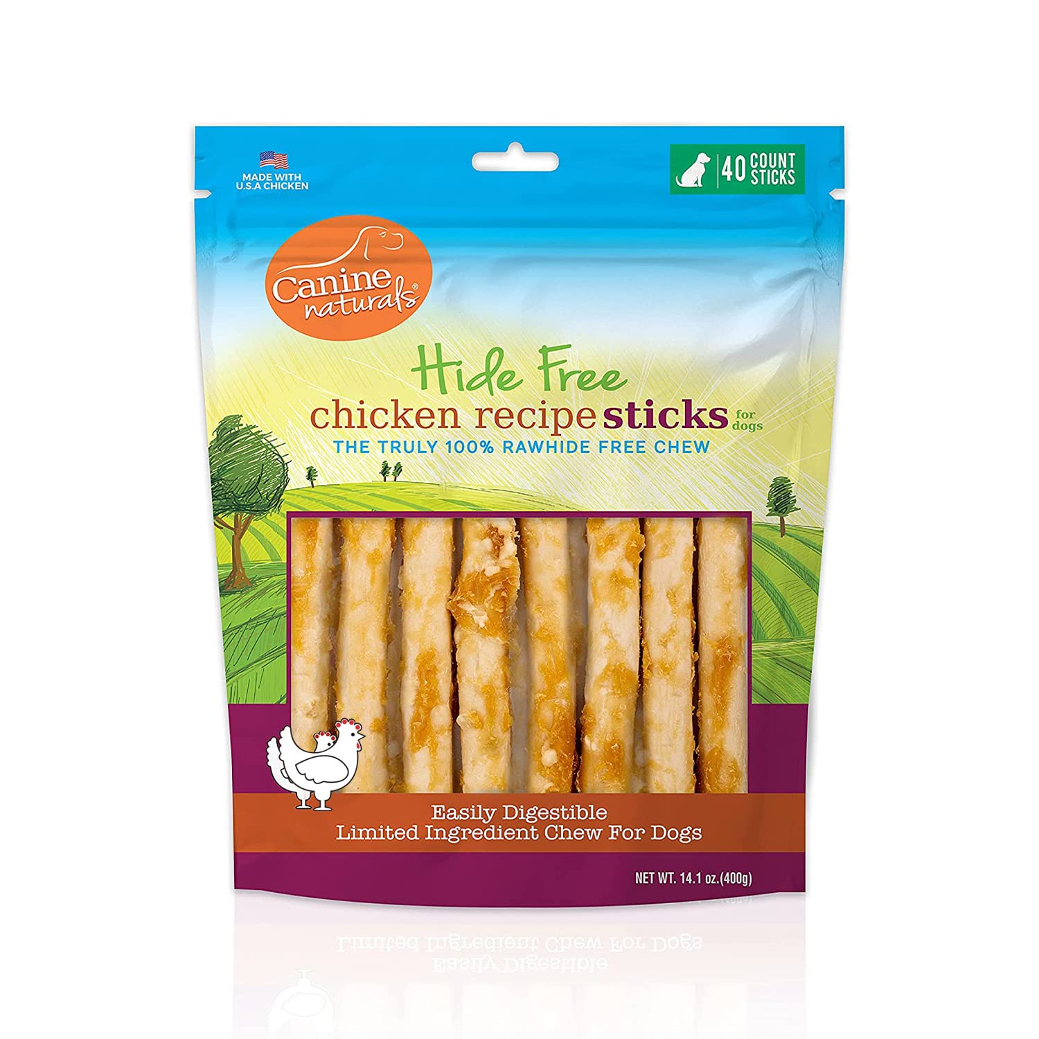 Canine Naturals Chicken Recipe Chew - Rawhide Free Dog Treats - Made From USA Raised Chicken - All-Natural and Easily Digestible - 40 Pack of 5 Inch Stick Chews