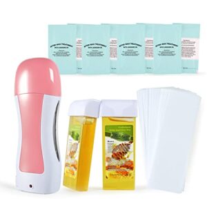 roll on wax, wax roller kit for hair removal, honey roller waxing kit include 2 honey soft wax cartridge & 100 non-woven wax strips, portable pink wax heater machine for women & men, waxing roller kit