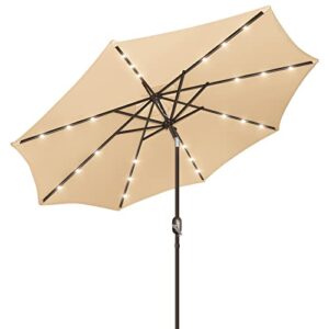 funsite 9ft patio umbrella with solar lights, outdoor umbrella with 24 led solar umbrella lights, solar patio umbrella with push botton tilt & crank ideal for garden, deck, backyard & pool, brown