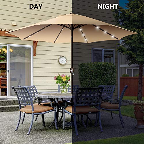 Funsite 9ft Patio Umbrella with Solar Lights, Outdoor Umbrella with 24 LED Solar Umbrella Lights, Solar Patio Umbrella with Push Botton Tilt & Crank Ideal for Garden, Deck, Backyard & Pool, Brown