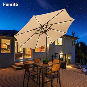 Funsite 9ft Patio Umbrella with Solar Lights, Outdoor Umbrella with 24 LED Solar Umbrella Lights, Solar Patio Umbrella with Push Botton Tilt & Crank Ideal for Garden, Deck, Backyard & Pool, Brown