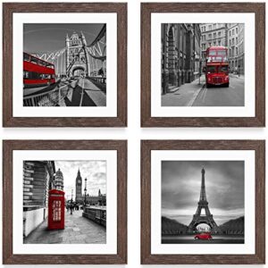 8x8 rustic picture frames with 2 mats walnut display pictures 6x6 or 4x4 with mat or 8x8 without mat made of solid wood - 8x8 inch square photo frames collage for wall or tabletop mount, set of 4