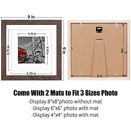 8x8 Rustic Picture Frames with 2 Mats Walnut Display Pictures 6x6 or 4x4 with Mat or 8x8 Without Mat Made of Solid Wood - 8x8 Inch Square Photo Frames Collage for Wall or Tabletop Mount, Set of 4