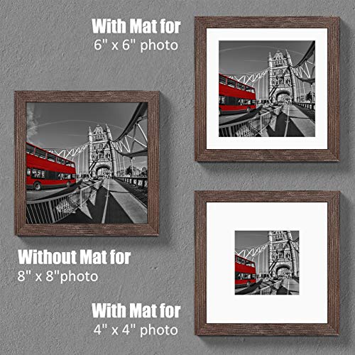 8x8 Rustic Picture Frames with 2 Mats Walnut Display Pictures 6x6 or 4x4 with Mat or 8x8 Without Mat Made of Solid Wood - 8x8 Inch Square Photo Frames Collage for Wall or Tabletop Mount, Set of 4