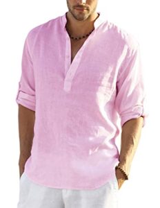 coofandy men's cotton linen henley shirt long sleeve hippie casual beach t shirts pink