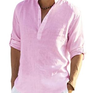 COOFANDY Men's Cotton Linen Henley Shirt Long Sleeve Hippie Casual Beach T Shirts Pink