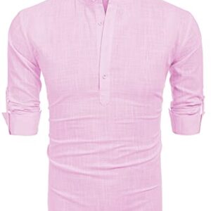 COOFANDY Men's Cotton Linen Henley Shirt Long Sleeve Hippie Casual Beach T Shirts Pink