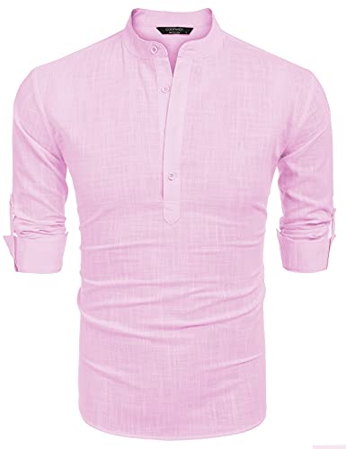 COOFANDY Men's Cotton Linen Henley Shirt Long Sleeve Hippie Casual Beach T Shirts Pink