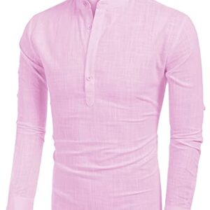 COOFANDY Men's Cotton Linen Henley Shirt Long Sleeve Hippie Casual Beach T Shirts Pink