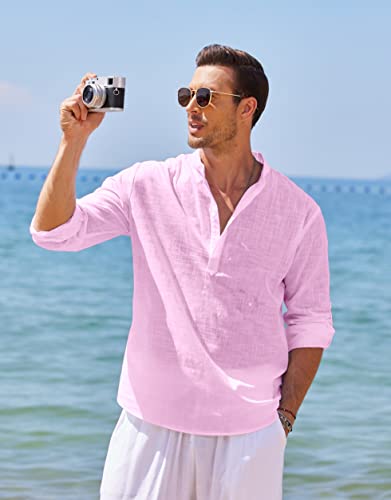 COOFANDY Men's Cotton Linen Henley Shirt Long Sleeve Hippie Casual Beach T Shirts Pink