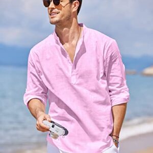 COOFANDY Men's Cotton Linen Henley Shirt Long Sleeve Hippie Casual Beach T Shirts Pink