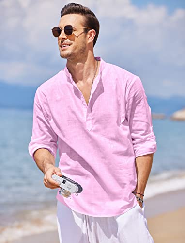 COOFANDY Men's Cotton Linen Henley Shirt Long Sleeve Hippie Casual Beach T Shirts Pink