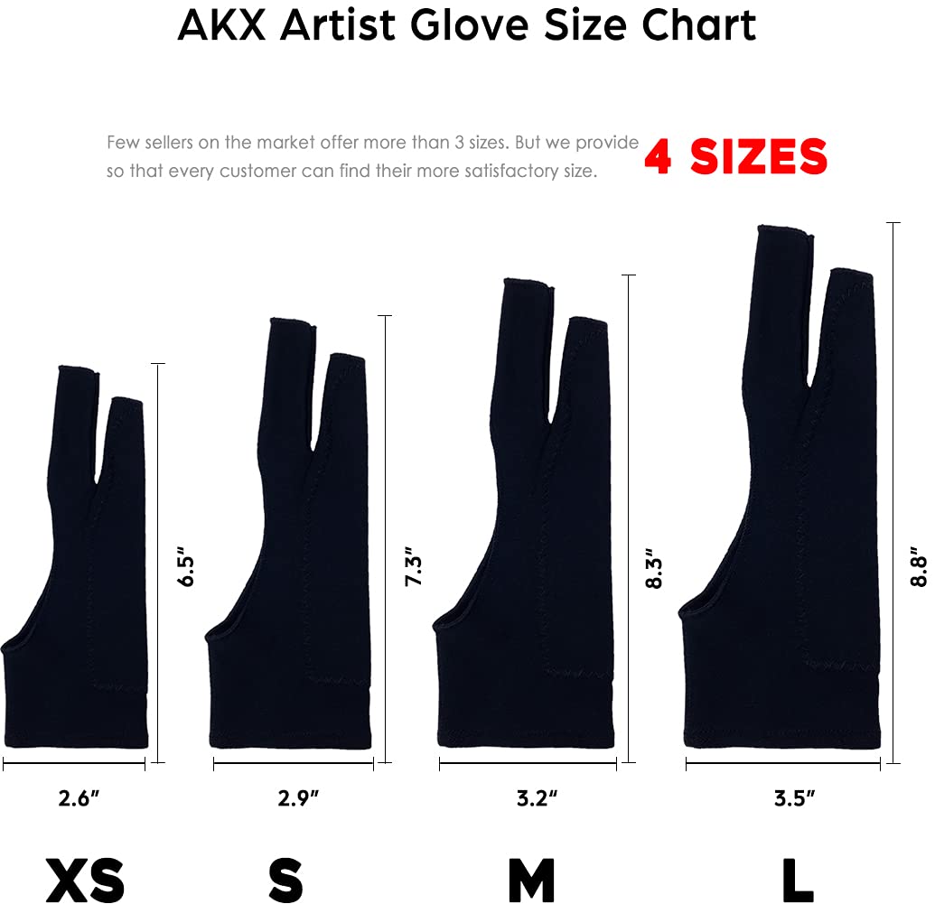 AKX Artist Glove XSmall - 2 Pack Palm Rejection Drawing Glove for Graphic Tablet, iPad - Smudge Guard, 2 Finger, Elastic Lycra, Fingerless Glove, Good for Left and Right Hand, Black | AK-020