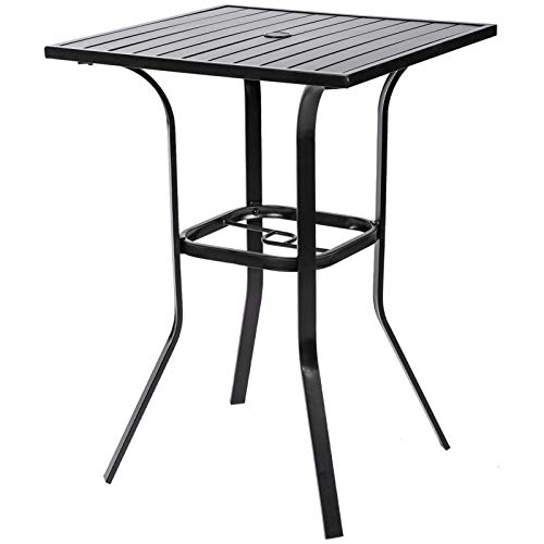 Patiomore Patio Bar Table, Outdoor Bar Height Bistro Table with Umbrella Hole, Metal Frame and Slat Design (Black)