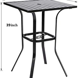 Patiomore Patio Bar Table, Outdoor Bar Height Bistro Table with Umbrella Hole, Metal Frame and Slat Design (Black)