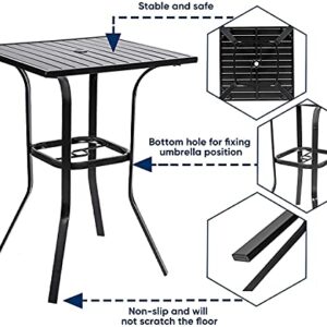 Patiomore Patio Bar Table, Outdoor Bar Height Bistro Table with Umbrella Hole, Metal Frame and Slat Design (Black)