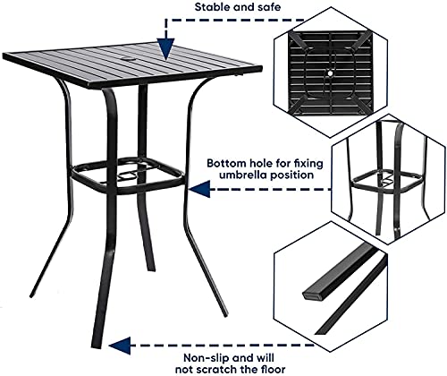 Patiomore Patio Bar Table, Outdoor Bar Height Bistro Table with Umbrella Hole, Metal Frame and Slat Design (Black)