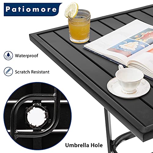 Patiomore Patio Bar Table, Outdoor Bar Height Bistro Table with Umbrella Hole, Metal Frame and Slat Design (Black)