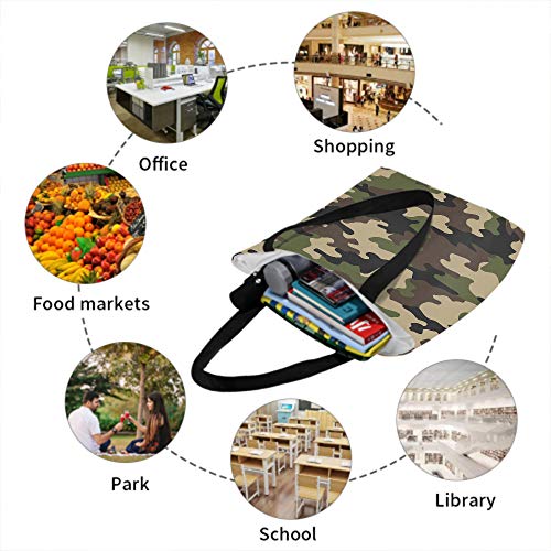 Moslion Green Camouflage Canvas Bags Camo Print JungleTote Bags Laptop Bags Large Bulk Reusable for Women Men Work Study 15x16 Inch