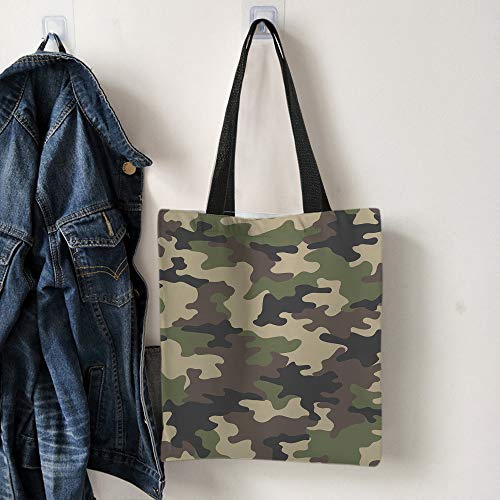 Moslion Green Camouflage Canvas Bags Camo Print JungleTote Bags Laptop Bags Large Bulk Reusable for Women Men Work Study 15x16 Inch