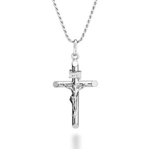 miabella rhodium plated 925 sterling silver small or large crucifix cross necklace for men women, cross pendant with rope chain, made in italy (small, length 22 inches (men's average length))