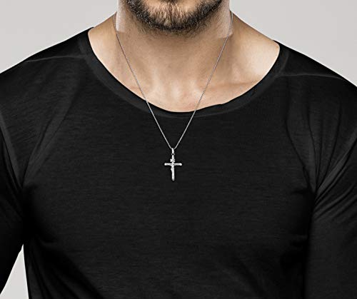 Miabella Rhodium Plated 925 Sterling Silver Small or Large Crucifix Cross Necklace for Men Women, Cross Pendant with Rope Chain, Made in Italy (Small, Length 22 Inches (men's average length))