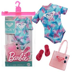 barbie fashions doll clothes inspired by roxy, complete look with 2 accessories, tropical roxy swimsuit grd41