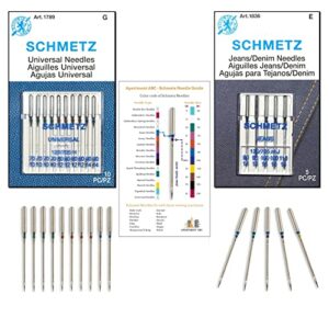 denim and universal sewing machine needles combo pack, (size: assorted) fits brother, baby lock, bernette, bernina, elna, necchi, juki, janome, kenmore, singer sewing machines by apartment abc