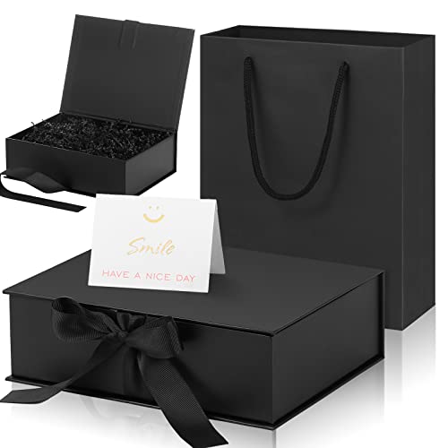 Zonon Luxury Gift Box with Lids Changeable Ribbon, Paper Bags, a Greeting Card and Tissue Paper Luxury Packaging Box Set for Weddings, Graduations, Birthdays, Anniversaries (Black, 9 x 7 x 3 Inch)