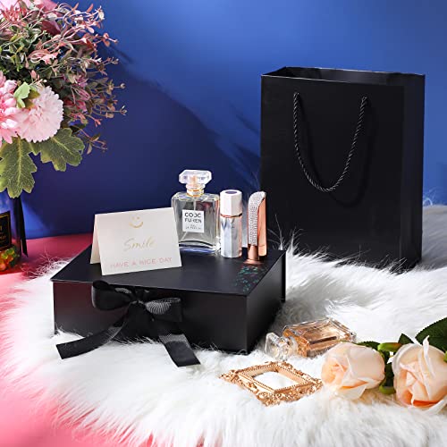 Zonon Luxury Gift Box with Lids Changeable Ribbon, Paper Bags, a Greeting Card and Tissue Paper Luxury Packaging Box Set for Weddings, Graduations, Birthdays, Anniversaries (Black, 9 x 7 x 3 Inch)