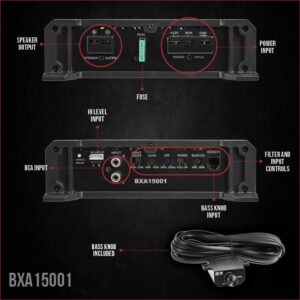 Belva BXA15001 1500W Peak BX-Series 2-Ohm Stable Class-A/B Monoblock Car Audio MOSFET Amplifier with Remote Subwoofer Level Control