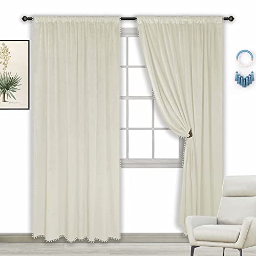 ZHAOFENG Ivory Pom Pom Velvet Curtains with Rod Pocket and Back Tab, Blackout Soft Luxury Thick Sunlight Dimming Heat Insulated Privacy Protect for Living Room, 2 Panels (Ivory, W52 x L95 Inch)