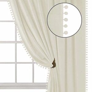 zhaofeng ivory pom pom velvet curtains with rod pocket and back tab, blackout soft luxury thick sunlight dimming heat insulated privacy protect for living room, 2 panels (ivory, w52 x l95 inch)
