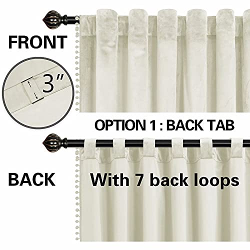 ZHAOFENG Ivory Pom Pom Velvet Curtains with Rod Pocket and Back Tab, Blackout Soft Luxury Thick Sunlight Dimming Heat Insulated Privacy Protect for Living Room, 2 Panels (Ivory, W52 x L95 Inch)