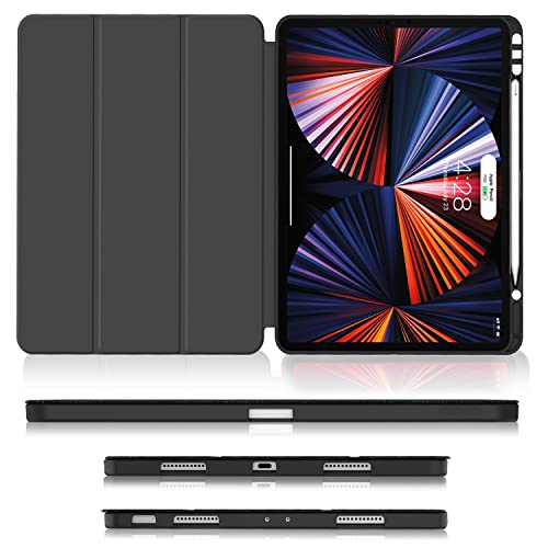 Soke iPad Pro 12.9 Case 2022 2021 with Pencil Holder - [Full Body Protection + 2nd Gen Apple Pencil Charge + Auto Wake/Sleep], Soft TPU Back Cover for iPad Pro 12.9 inch 6th 5th Generation(Black)