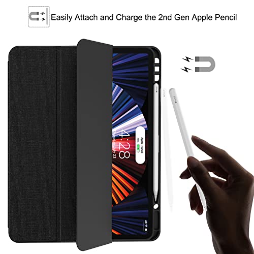 Soke iPad Pro 12.9 Case 2022 2021 with Pencil Holder - [Full Body Protection + 2nd Gen Apple Pencil Charge + Auto Wake/Sleep], Soft TPU Back Cover for iPad Pro 12.9 inch 6th 5th Generation(Black)