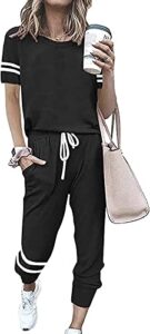 prettygarden women’s summer two piece outfits striped short sleeve pullover and long pants tracksuit pajama lounge jogging set with pockets (black, large)