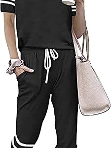 PRETTYGARDEN Women’s Summer Two Piece Outfits Striped Short Sleeve Pullover and Long Pants Tracksuit Pajama Lounge Jogging Set With Pockets (Black, Large)