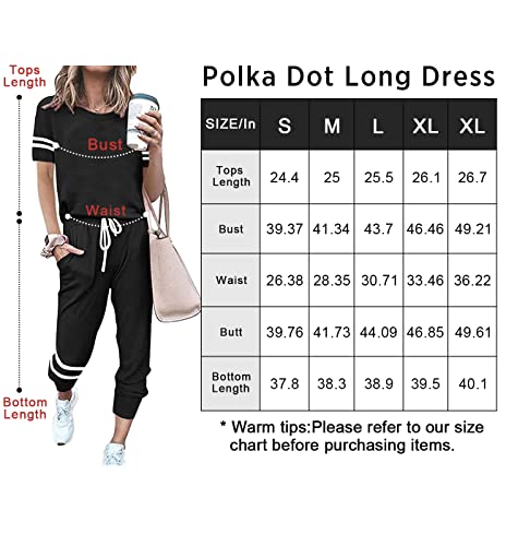 PRETTYGARDEN Women’s Summer Two Piece Outfits Striped Short Sleeve Pullover and Long Pants Tracksuit Pajama Lounge Jogging Set With Pockets (Black, Large)