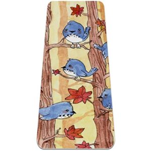 unicey thick non slip exercise & fitness 1/4 yoga mat with autumn birds rest on the tree maple leaves blue print for yoga pilates & floor fitness exercise (61x183cm)