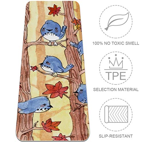 Unicey Thick Non Slip Exercise & Fitness 1/4 Yoga mat with Autumn Birds Rest On The Tree Maple Leaves Blue Print for Yoga Pilates & Floor Fitness Exercise (61x183cm)