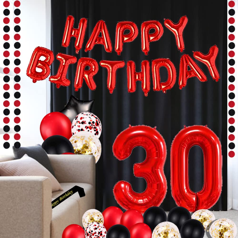 Red 30TH Birthday Party Decorations Supplies Red theme 16inch Red Foil Happy Birthday Balloons Banner Happy Birthday sash Foil Black Curtains Foil Balloons Number Red 30 Risehy