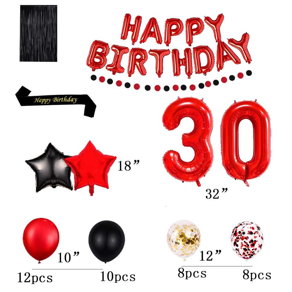 Red 30TH Birthday Party Decorations Supplies Red theme 16inch Red Foil Happy Birthday Balloons Banner Happy Birthday sash Foil Black Curtains Foil Balloons Number Red 30 Risehy