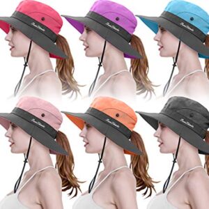 6 Pieces Womens Ponytail Wide Brim Sun Hat Packable UV Protection Beach Cap for Fishing & Hiking (Purple＆Sky Blue＆Watermelon Red＆Pink＆Orange＆Grey)