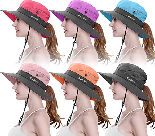 6 Pieces Womens Ponytail Wide Brim Sun Hat Packable UV Protection Beach Cap for Fishing & Hiking (Purple＆Sky Blue＆Watermelon Red＆Pink＆Orange＆Grey)